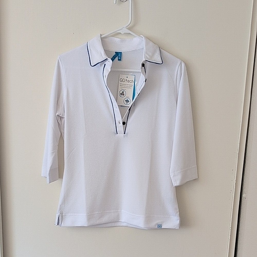 GG Blue Womens Med 3/4 Sleeve Athletic Polo Shirt White Golf Tennis Pickleball